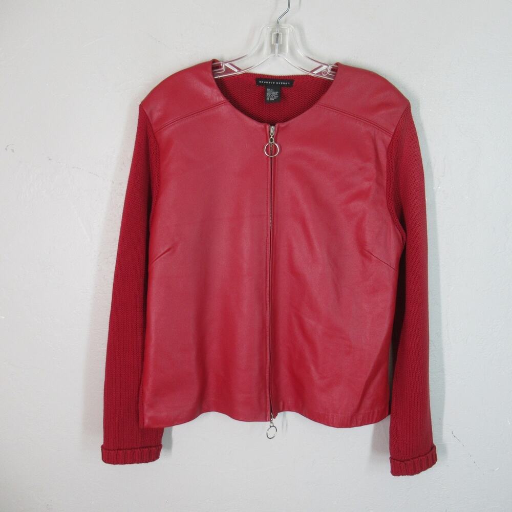 Vintage MAURICE SASSON Womens Medium Red Leather Jacket Knit Sweater Sleeves